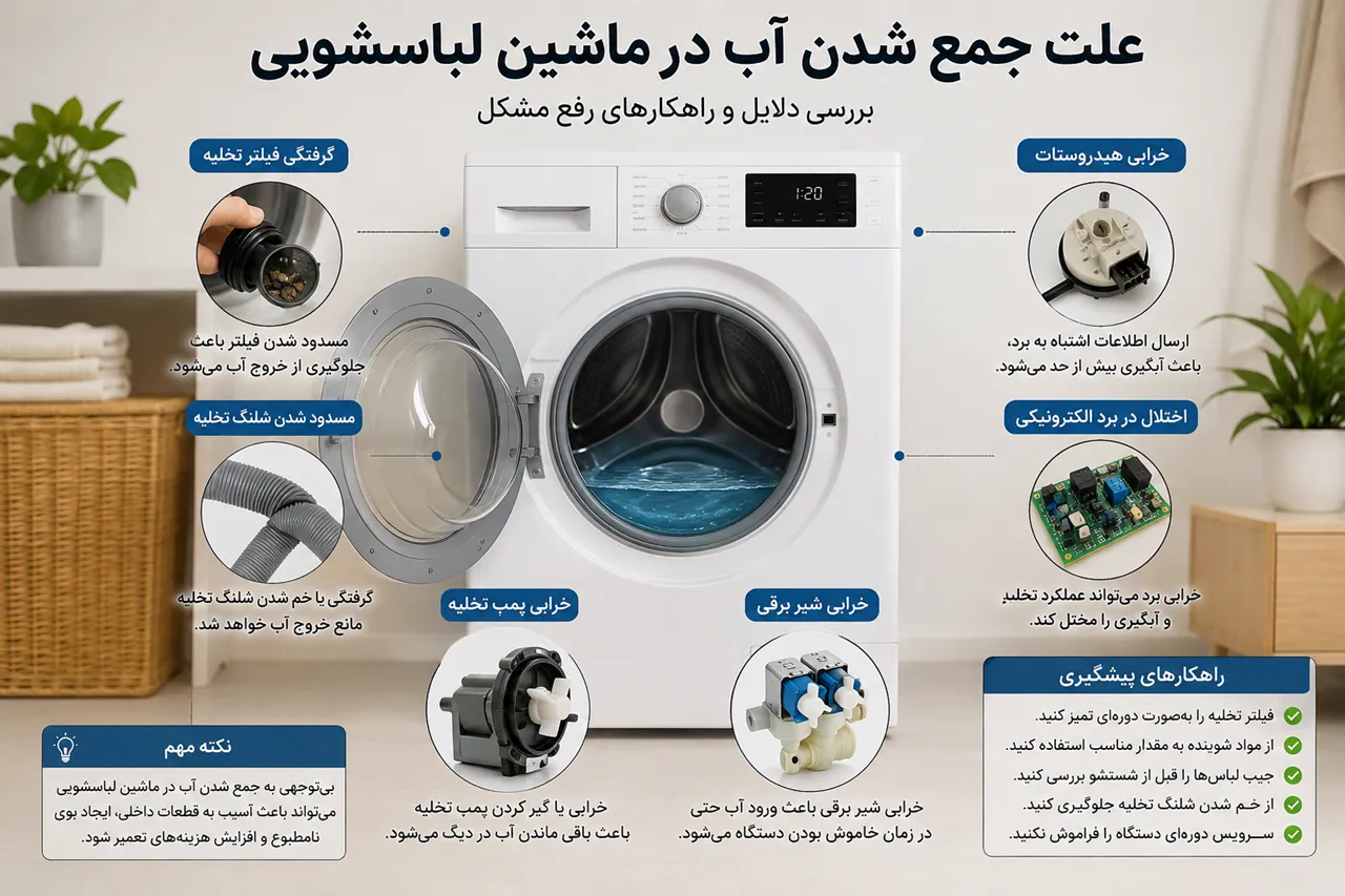 علت جمع شدن آب در ماشین لباسشویی